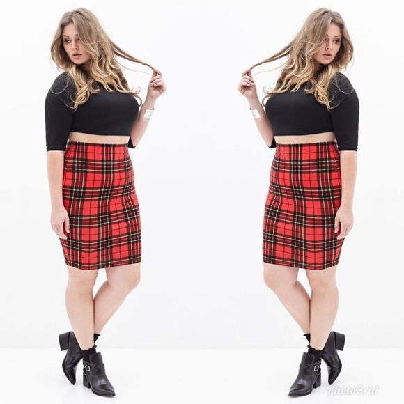 2/$30 Forever 21 Tartan Plaid Red Yellow Check Stretchy MIDI pencil Skirt - Picture 1 of 9